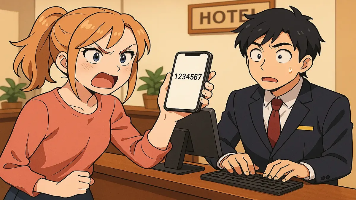 Anime illustration of a hotel check-in scenario with a guest and staff exchanging phone numbers.