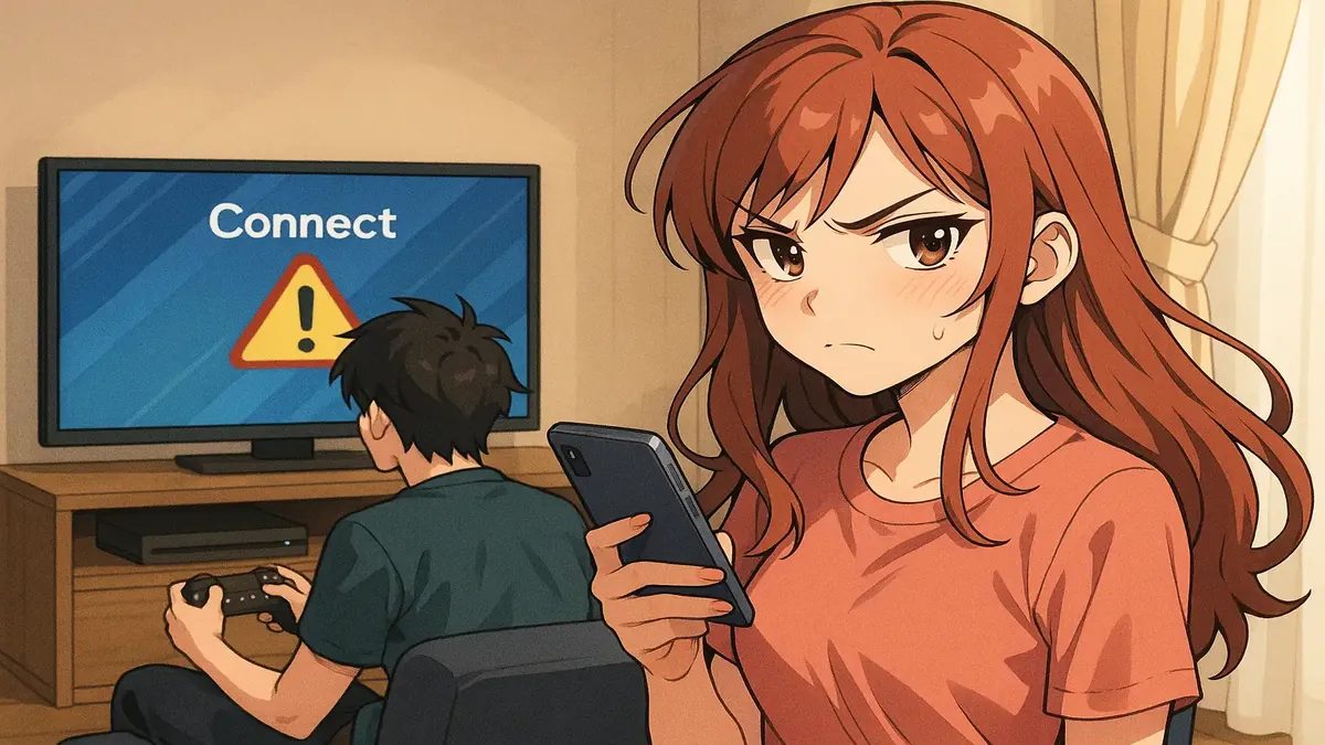 Anime illustration of a woman playfully sabotaging her ex's PlayStation during a heated moment.
