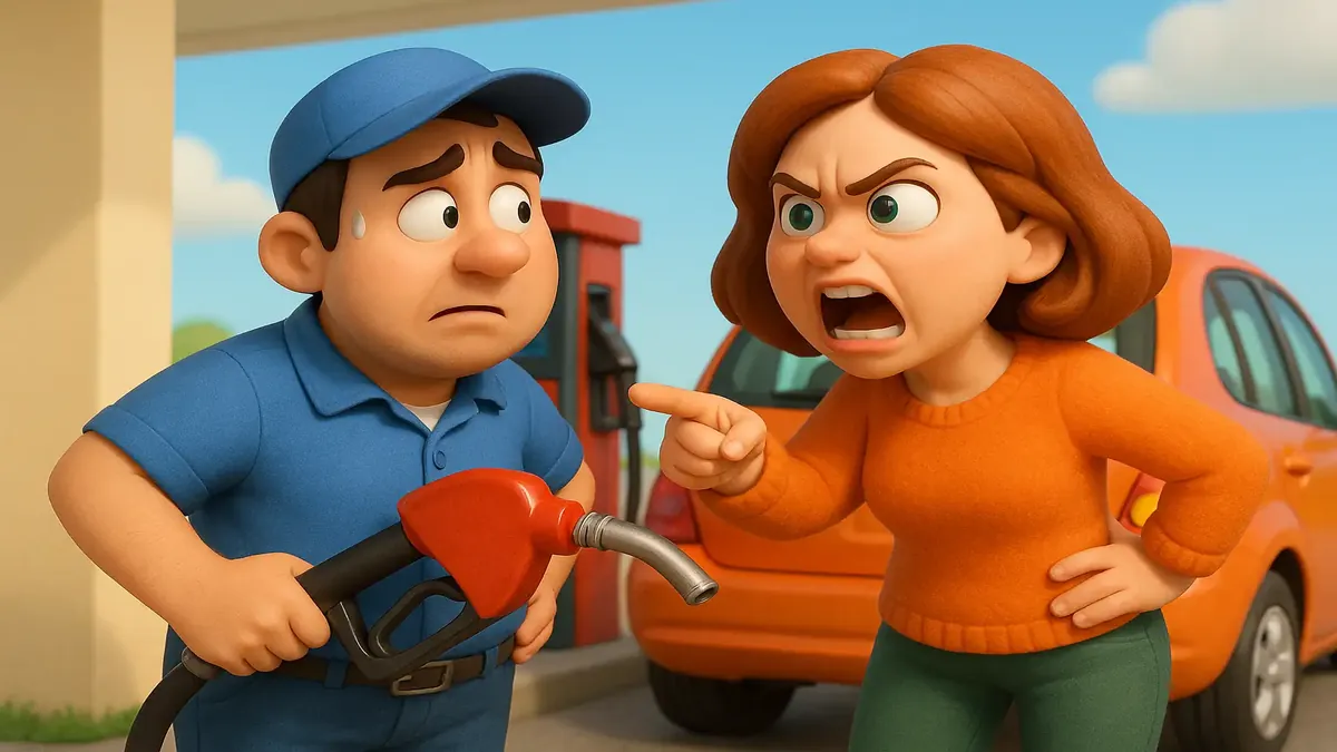 Cartoon 3D image of a woman confused about her empty gas tank, reflecting a humorous gas theft scenario.