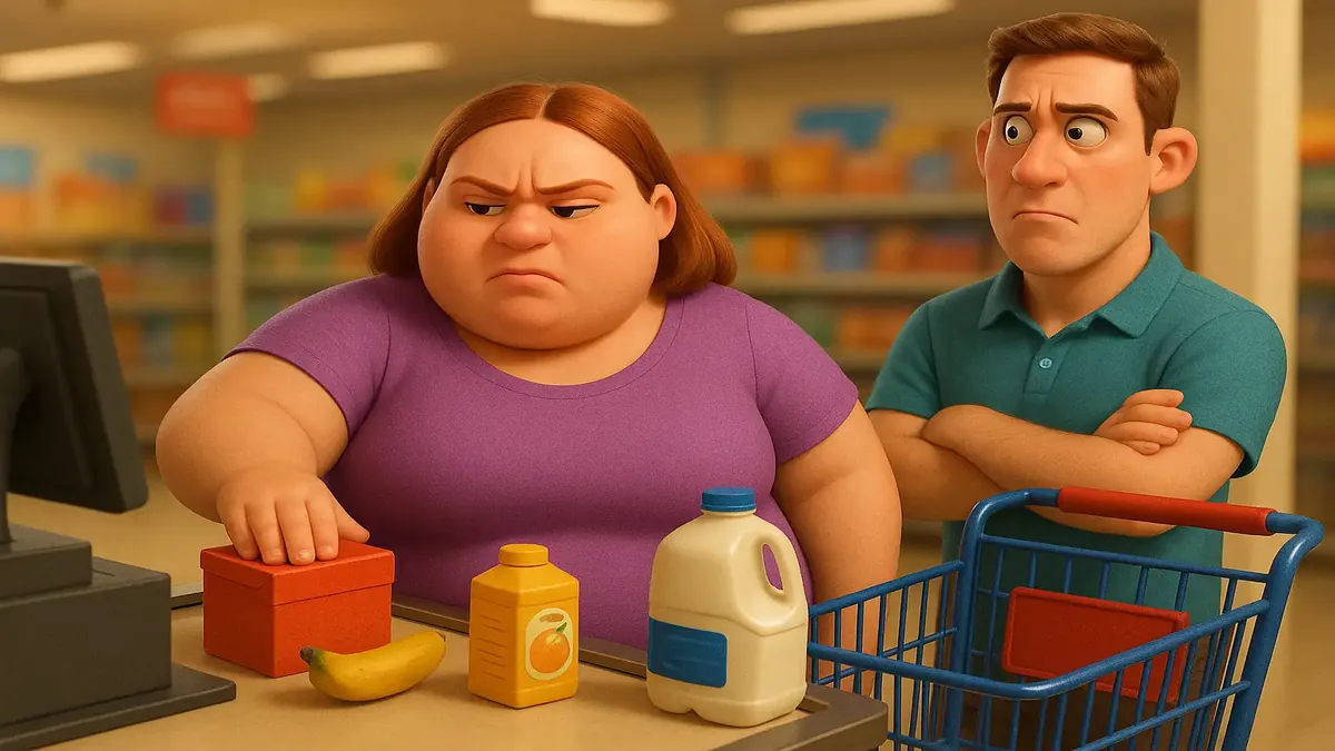 Cartoon-3D image of a tall man confronting a woman at a grocery store checkout counter.