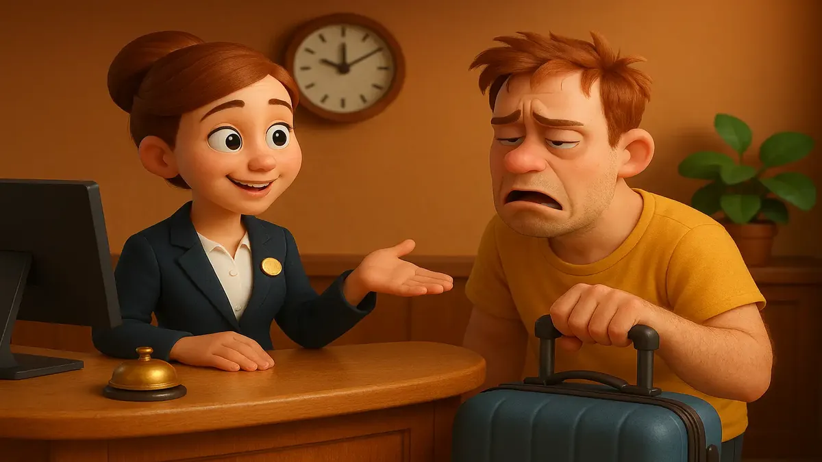 Cartoon 3D illustration of frustrated hotel staff dealing with early morning guests demanding room access.