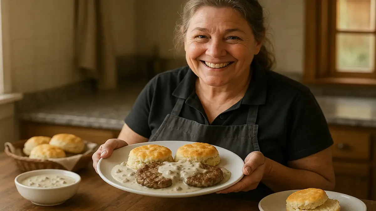 Delicious sausage gravy and biscuits served on a plate, perfect for breakfast after a night shift.