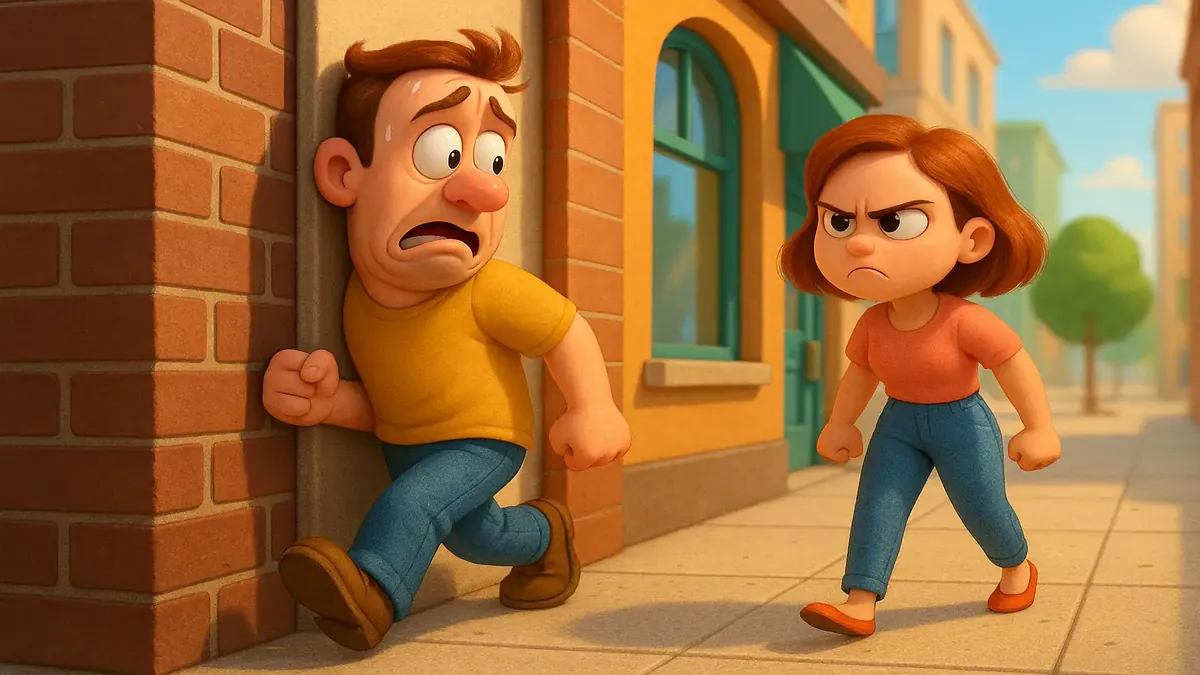 Cartoon-3D depiction of a person walking on the sidewalk, closely brushing against city buildings.