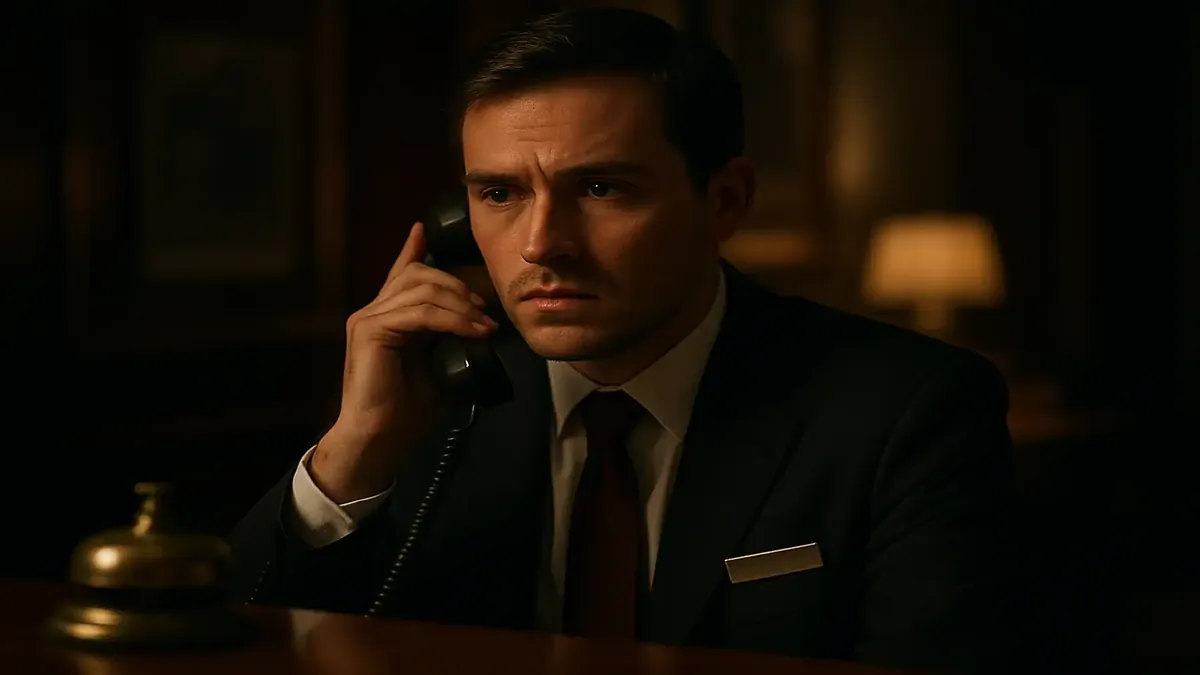 Cinematic scene of a hotel reception desk with a confused guest and a phone, highlighting customer service challenges.