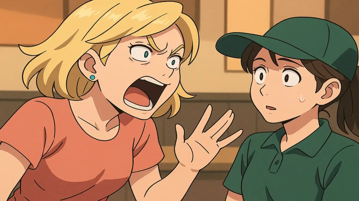Anime illustration of a frustrated woman at work, expressing her feelings during an Instacart grocery delivery shift.