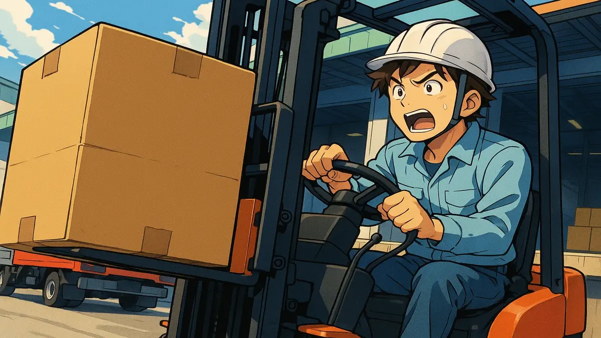 Anime illustration of a forklift unloading trucks in a busy delivery bay, capturing a nostalgic work story.