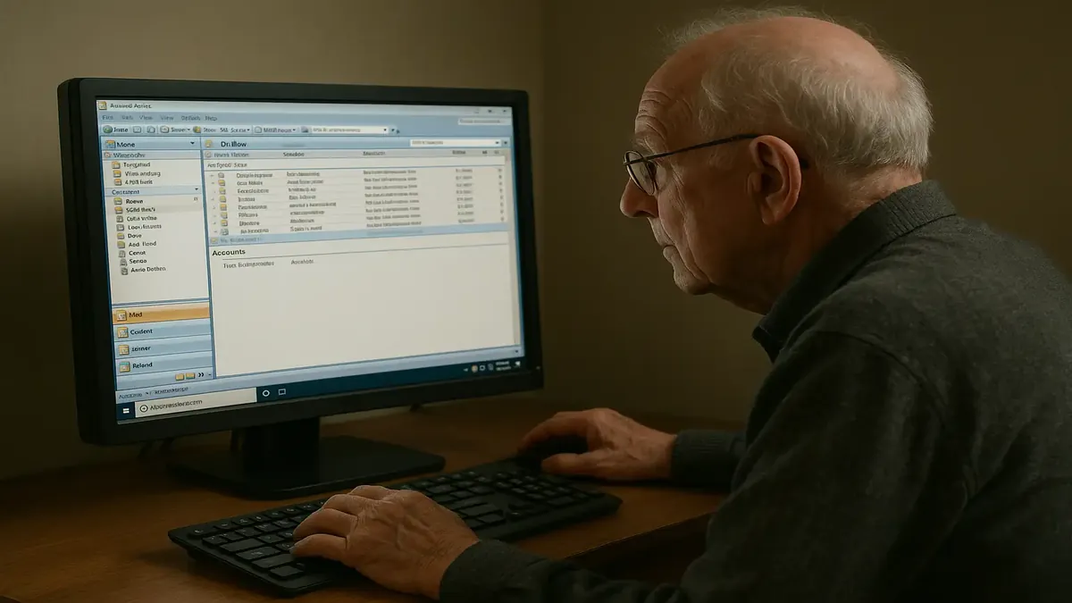 A tech guy troubleshooting Outlook 2007 on a Windows 10 PC for an elderly user.