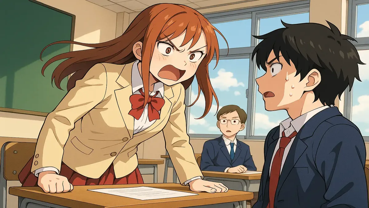 Anime illustration of a student confronting a classmate in a school setting, depicting tension and conflict.