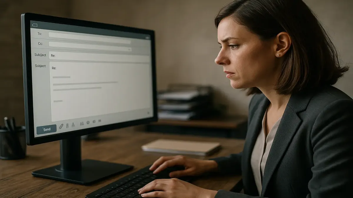 Person overwhelmed by emails, CC'ing clients on mundane tasks, reflecting workplace communication struggles.
