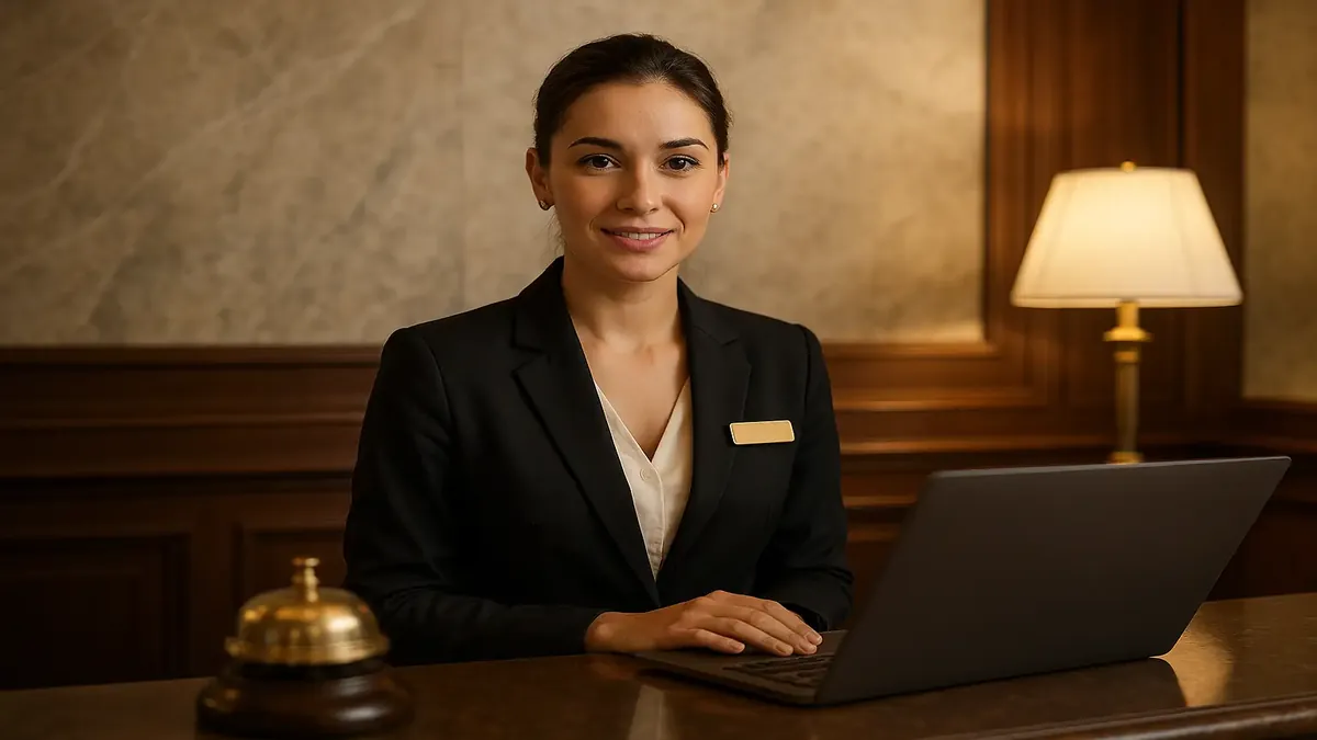Front desk agent assisting guests at a hotel reception, showcasing loyalty program materials and check-in process.