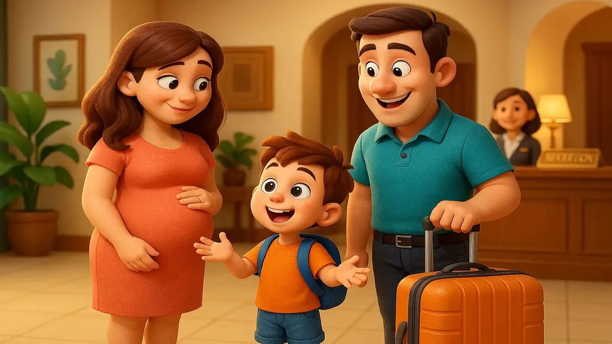 Cartoon 3D illustration of a happy family at a hotel with a young boy excited about his new sibling.
