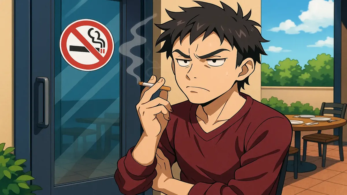 Anime illustration of a frustrated person confronting smokers near a no smoking sign on a patio.