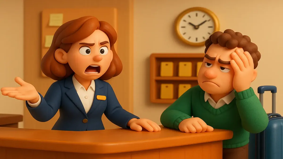 Cartoon illustration of a frustrated hotel manager explaining block rate policies to confused guests.