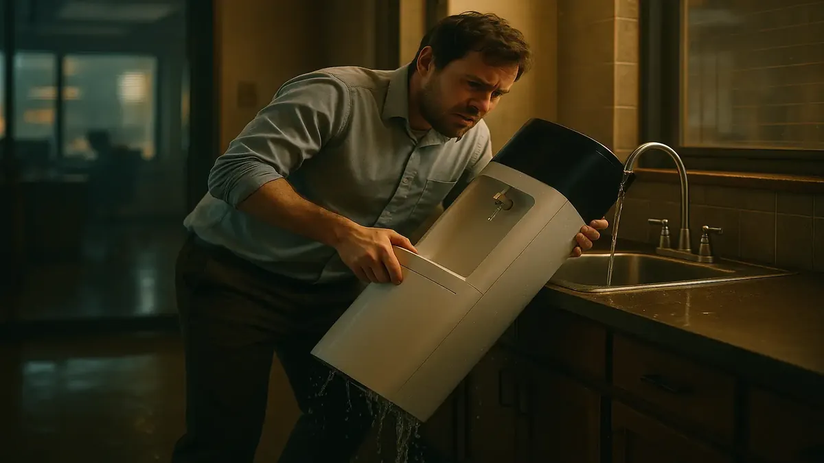 Kevin attempting to fill a water cooler from the tap, causing water to spill on the floor in a humorous scene.