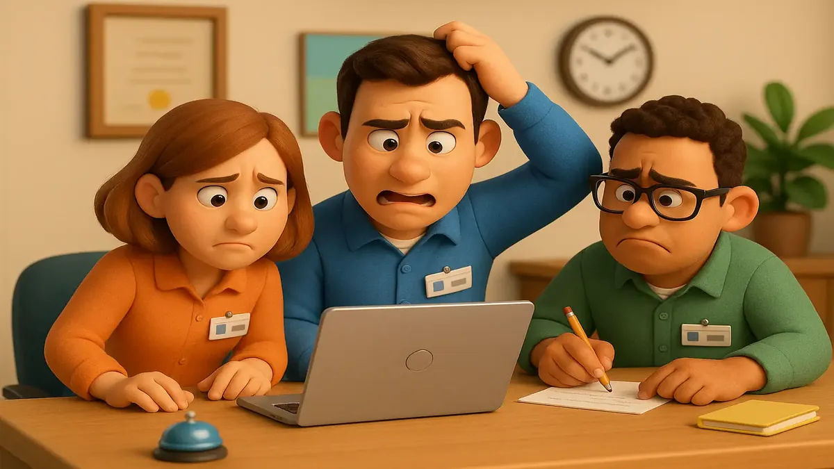 Cartoon illustration of a confused hotel front desk agent facing a daunting knowledge test for N2 pricing.
