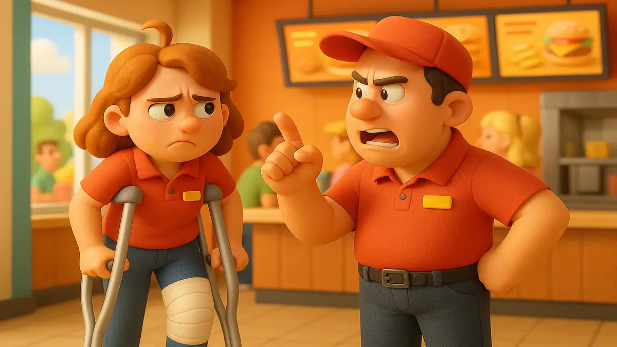 Cartoon 3D illustration of a distressed worker confronting a shift leader about taking a break due to a leg injury.