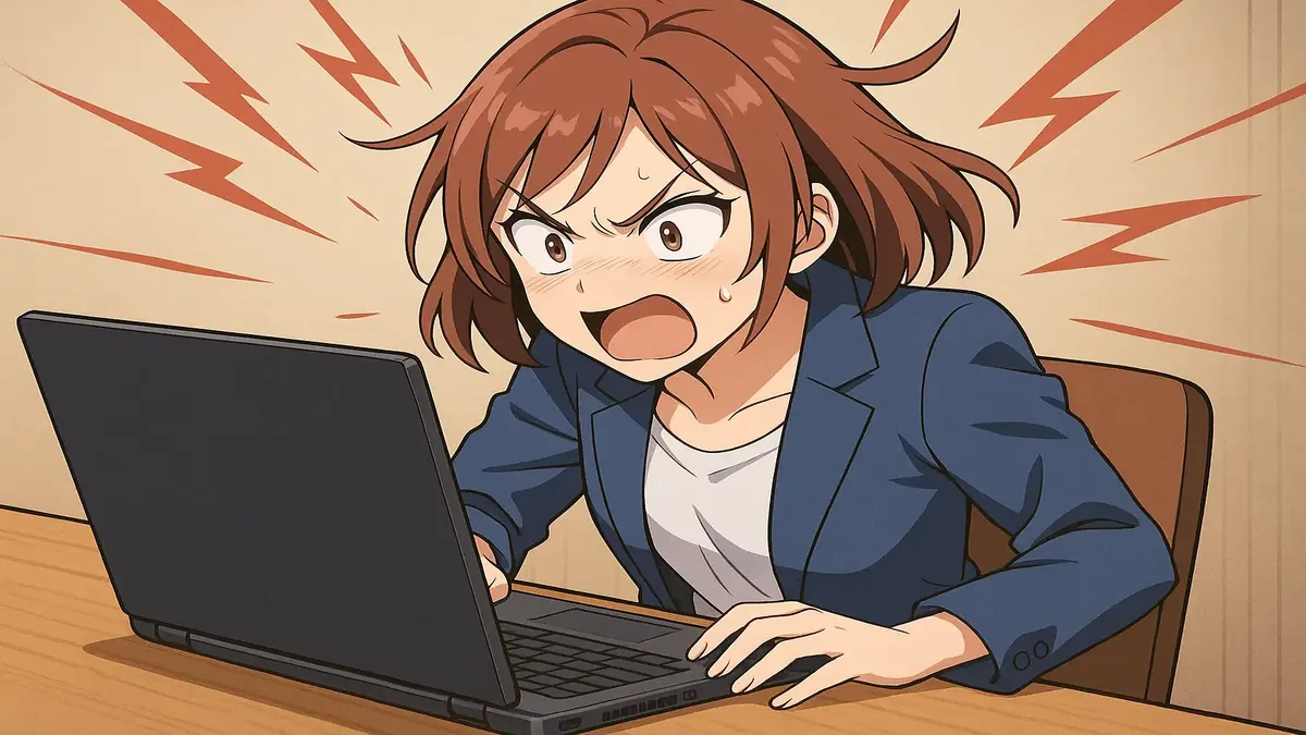 Frustrated user on a Windows laptop surrounded by clutter, illustrating a disk cleanup scenario in anime style.
