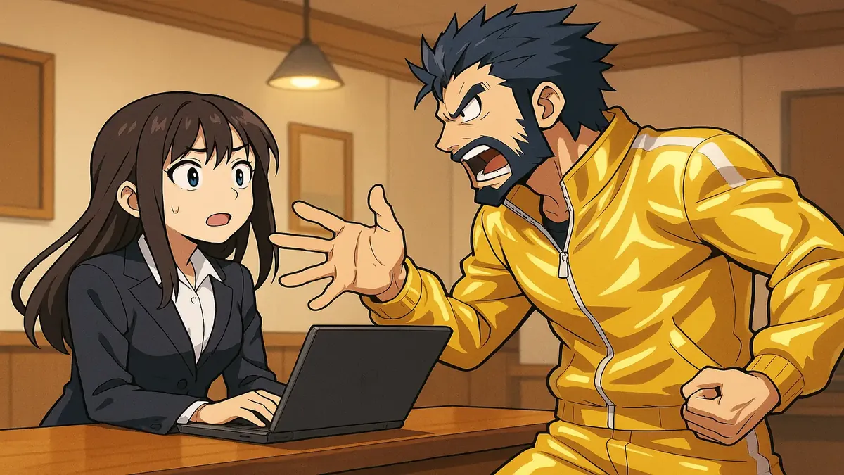Anime-style illustration of a bustling desk scene during an audit at a hotel reception.