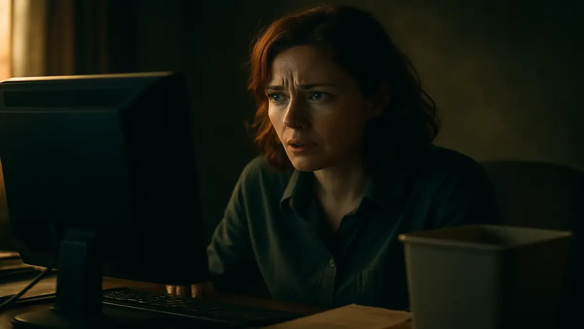 Woman searching for a lost file on her desktop, surrounded by clutter and confusion, cinematic style.
