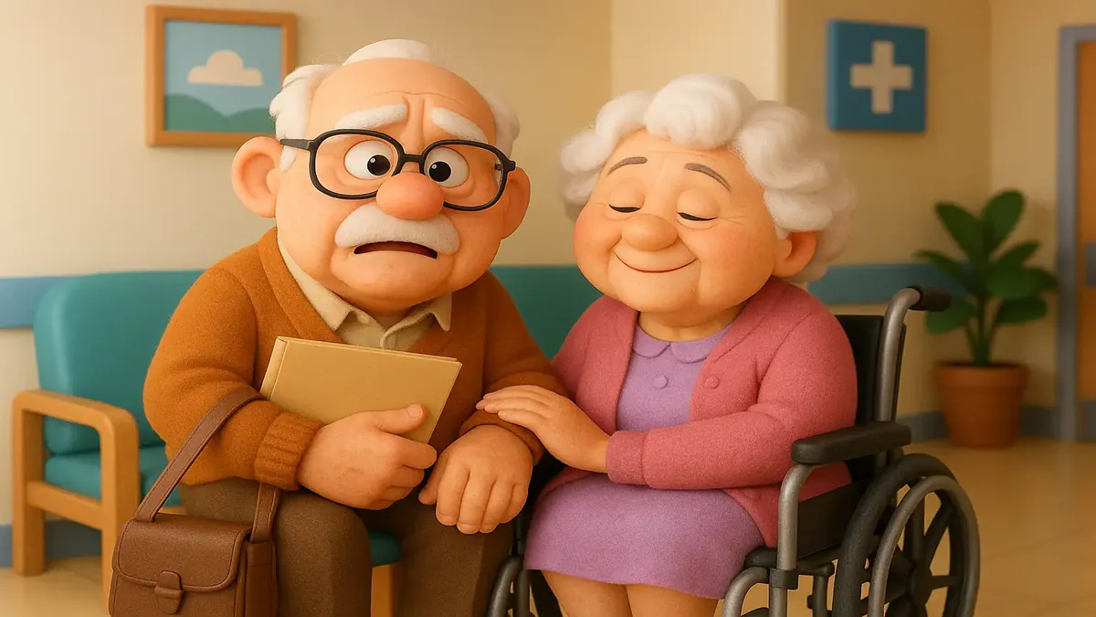 Cartoon-style illustration of an elderly person in a wheelchair at a hospital waiting room.