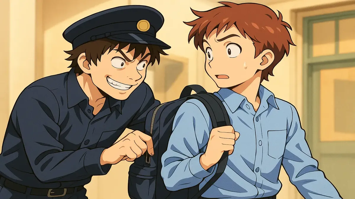 Anime illustration of locomotive engineers sharing a humorous moment, reflecting workplace pranks and camaraderie.