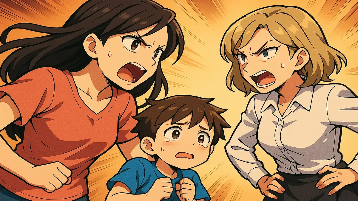 Anime illustration of a worried child facing an angry teacher, capturing tension in a school setting.