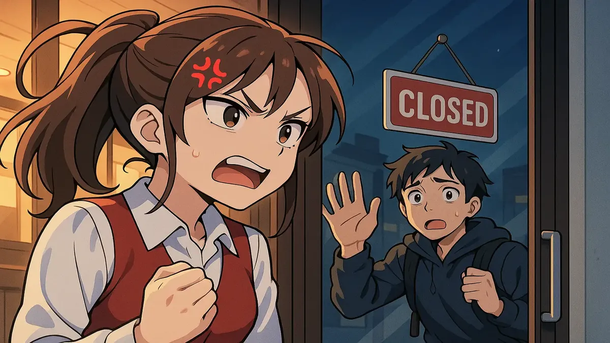 Anime illustration of a frustrated host dealing with late guests and no-shows at a closed property.
