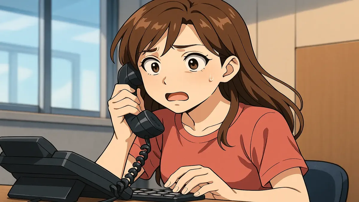 Anime-style illustration of a woman on a phone call, depicting a suspicious conversation about a scam.