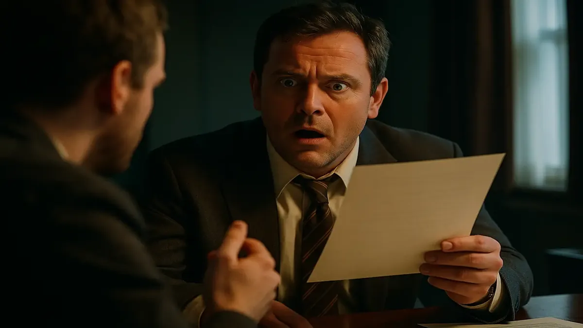 Cinematic image of a tense office meeting, highlighting a boss's shocked expression during a written request.