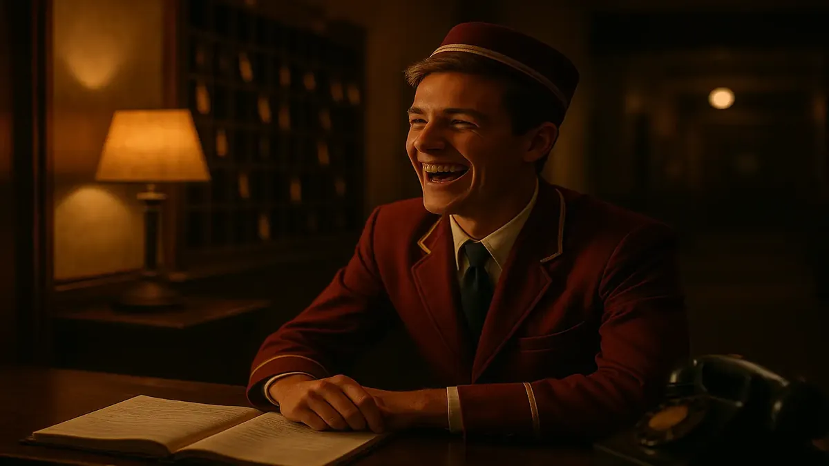 Nostalgic cinematic scene of a motel bellboy, evoking memories of customer stories and hotel experiences.
