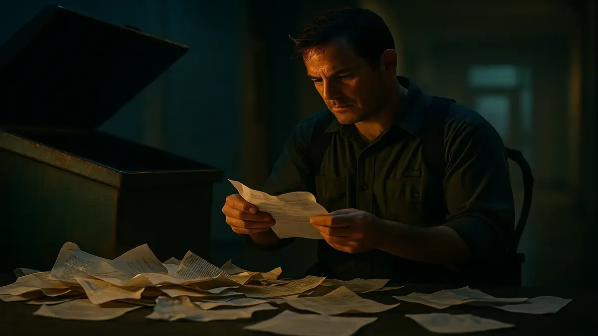 Custodian sorting through office trash, discovering hidden papers and items in a cinematic style.