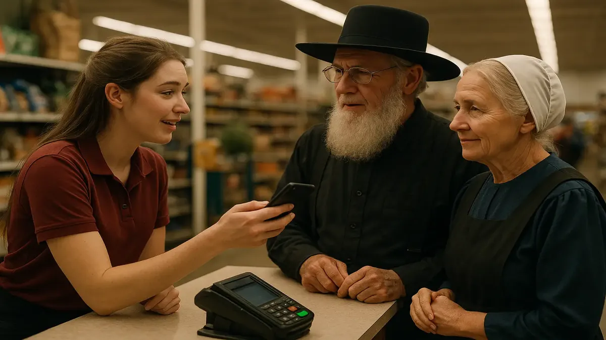 Young woman at farm store checkout asking Amish customers for loyalty rewards sign-up details.