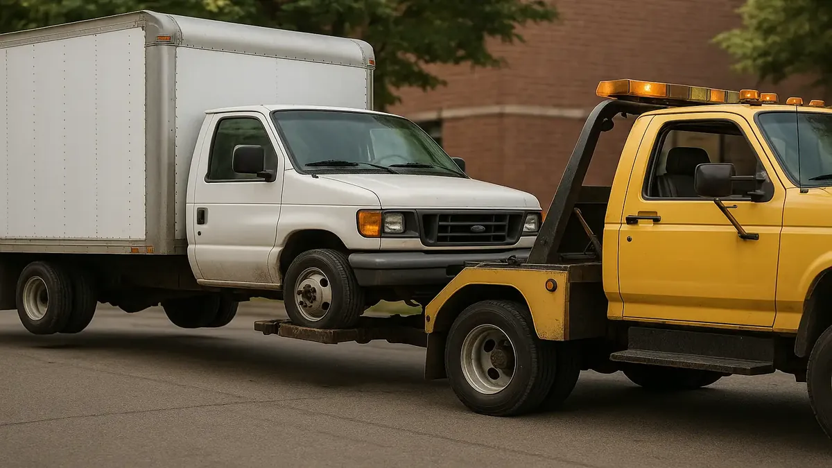 Warehouse delivery truck preparing for a fuel stop, reflecting the challenges of logistics in the 90s.