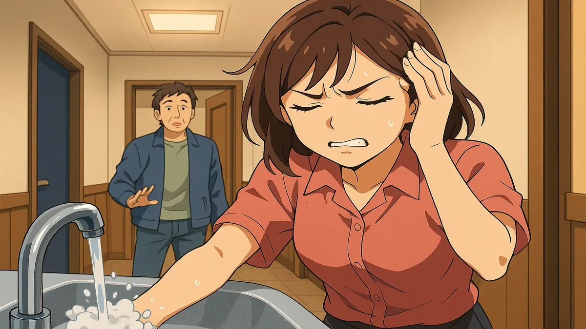Anime-style illustration of a busy restroom scene with a character washing hands, highlighting a moment of distraction.