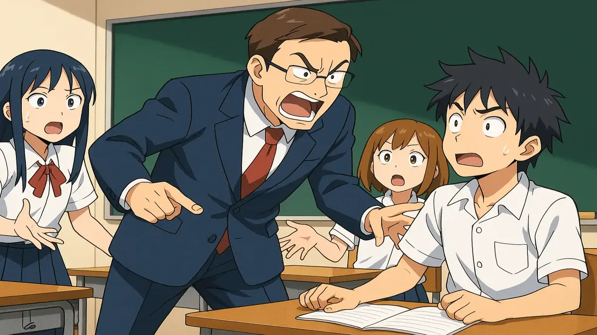 Middle school students plotting clever revenge on a strict substitute teacher in a colorful anime style.
