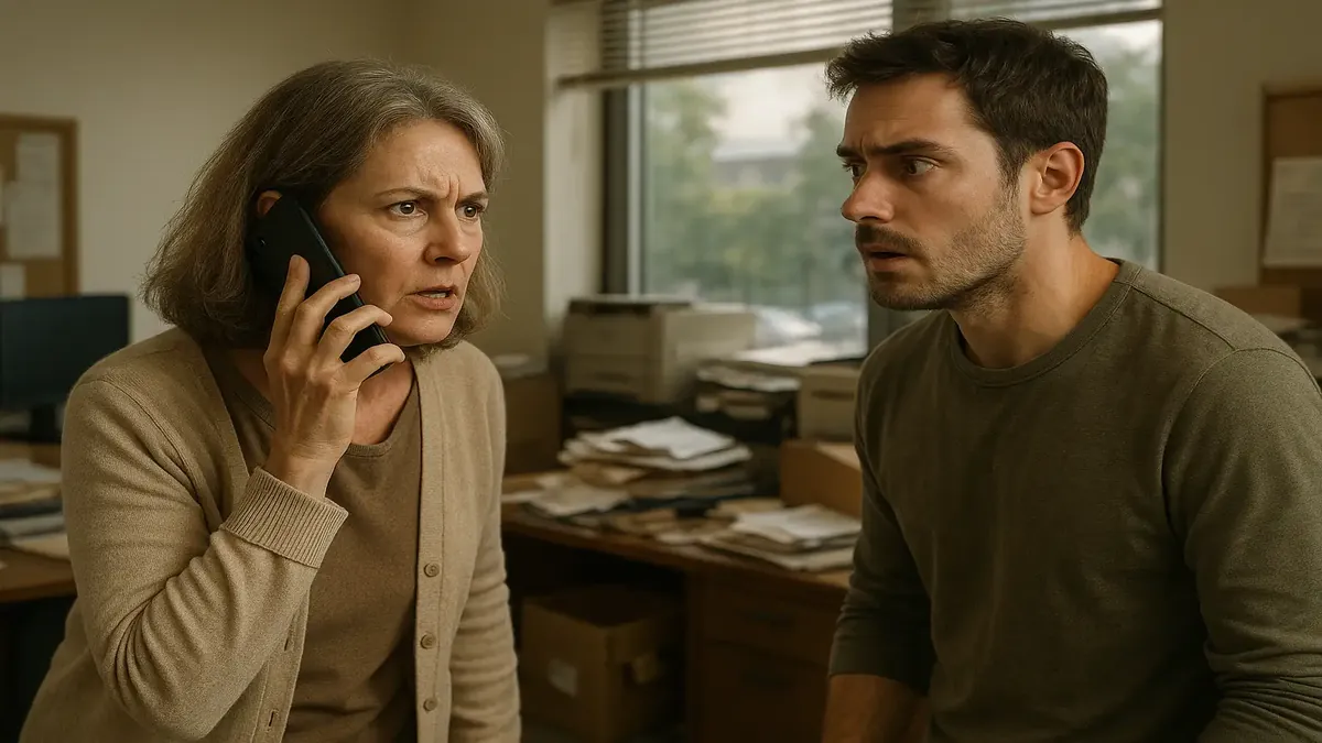 Frustrated employee at a chaotic office, contemplating calling the police for a money dispute.