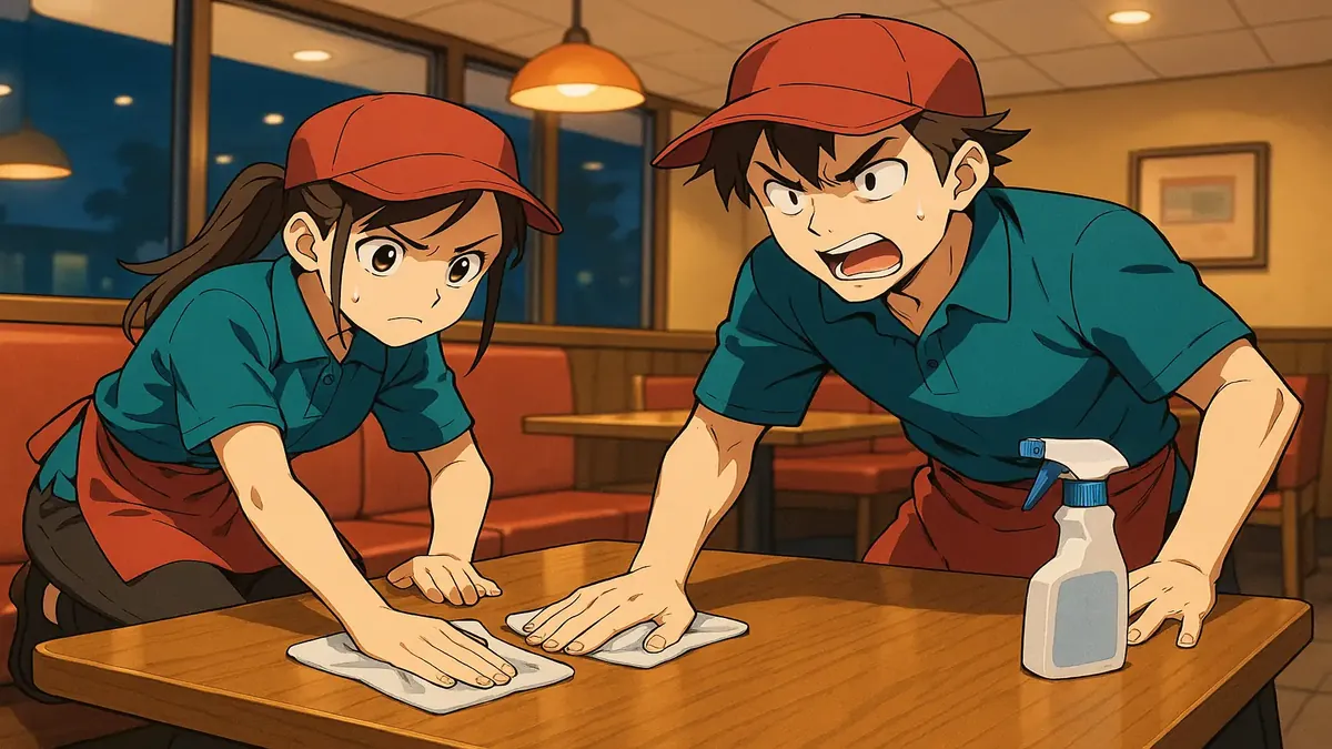 Anime illustration of fast-food workers cleaning tables with determination after a demanding manager's orders.