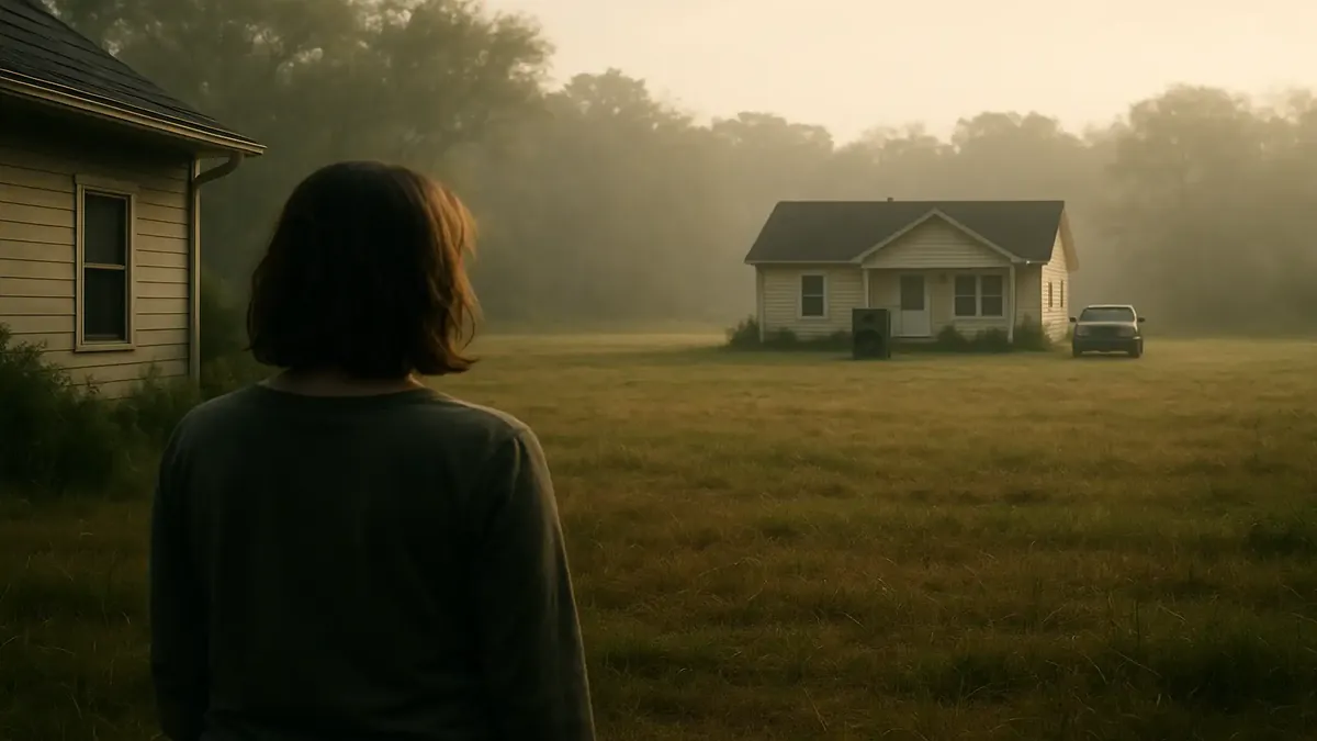Rural swamp land with two houses, one overshadowed by loud music from next door neighbor's property.