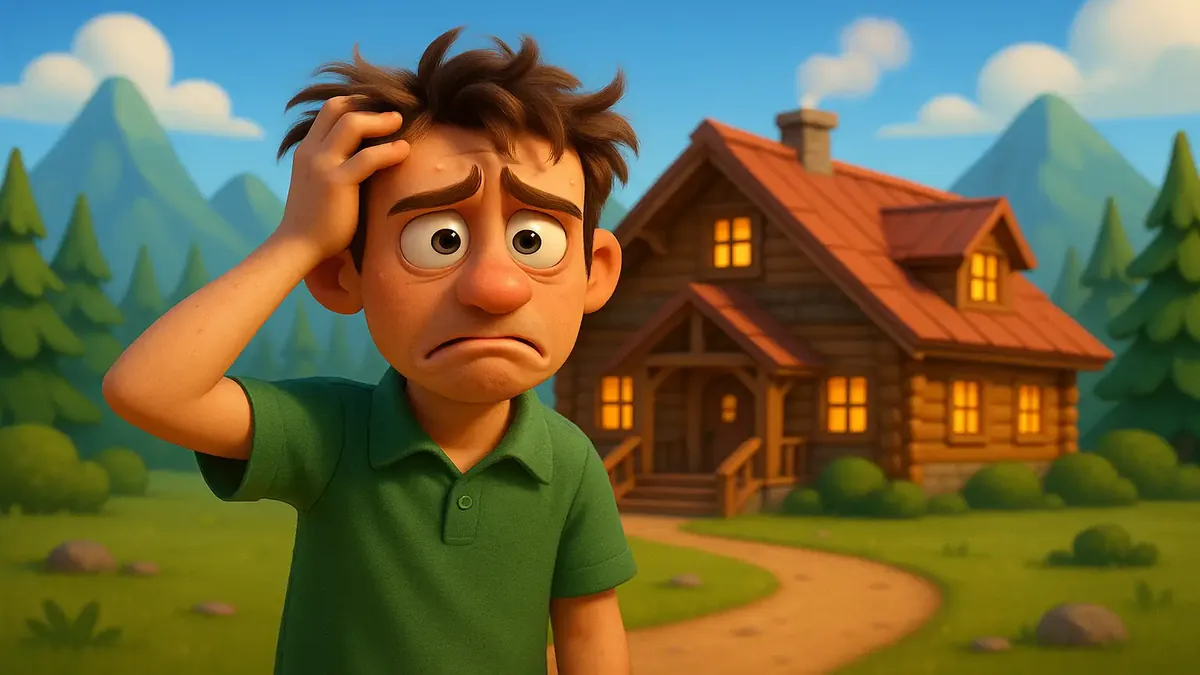 Cartoon 3D illustration of a mountain lodge under pressure from tourist crowds, depicting a weary property manager.