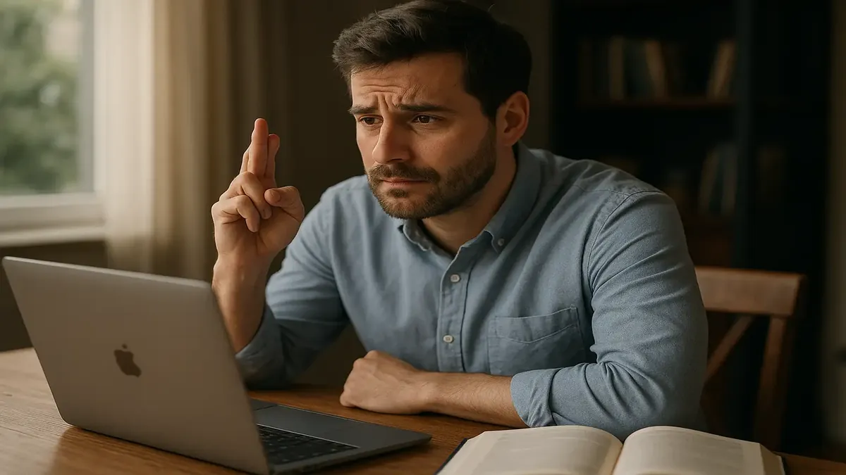 A person contemplating life choices while surrounded by books and a laptop, symbolizing a part-time MBA journey.