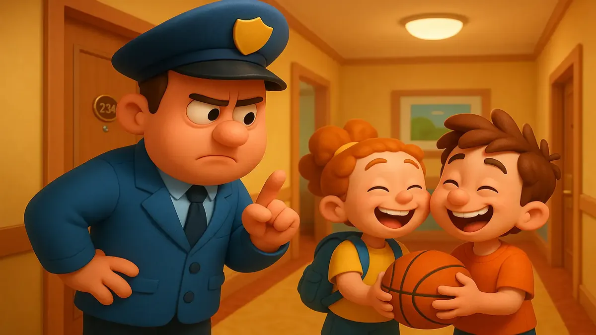 Cartoon-3D illustration of a fun police figure humorously intervening in a hotel gathering.