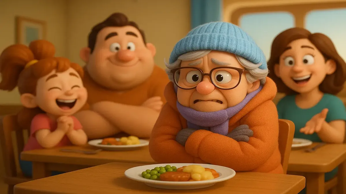 Cartoon 3D illustration of a caring elderly woman in a dining room, reflecting on family neglect.