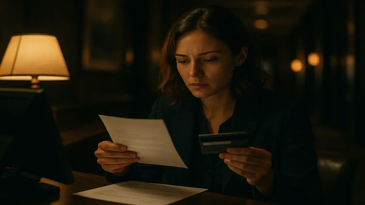 Cinematic image illustrating invalid credit cards and reservation issues in a hotel setting.