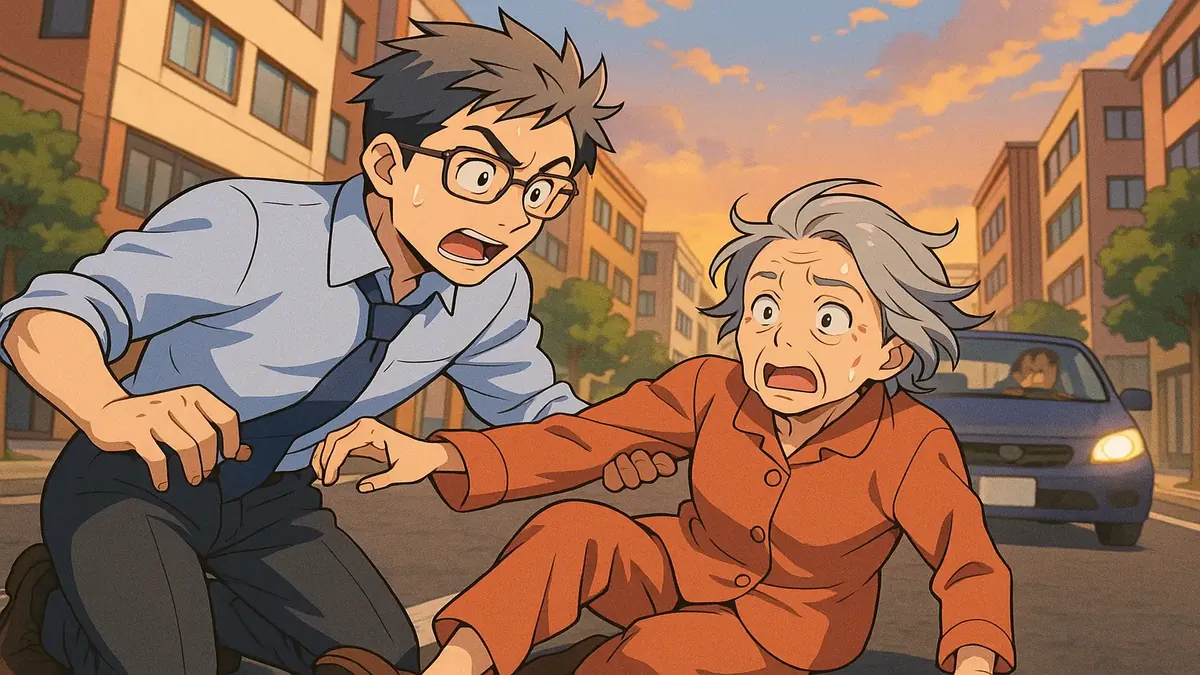 Elderly lady in pajamas stumbling in the street, anime style illustration for a mystery adventure blog.