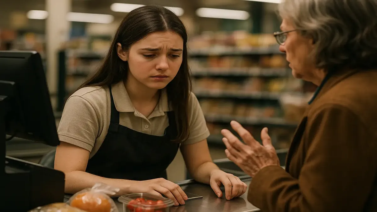 Young retail worker at checkout facing a rude customer in a busy store setting.