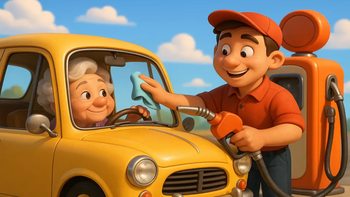 Cartoon-3D illustration of a nostalgic gas station with full-service attendants fueling up cars.