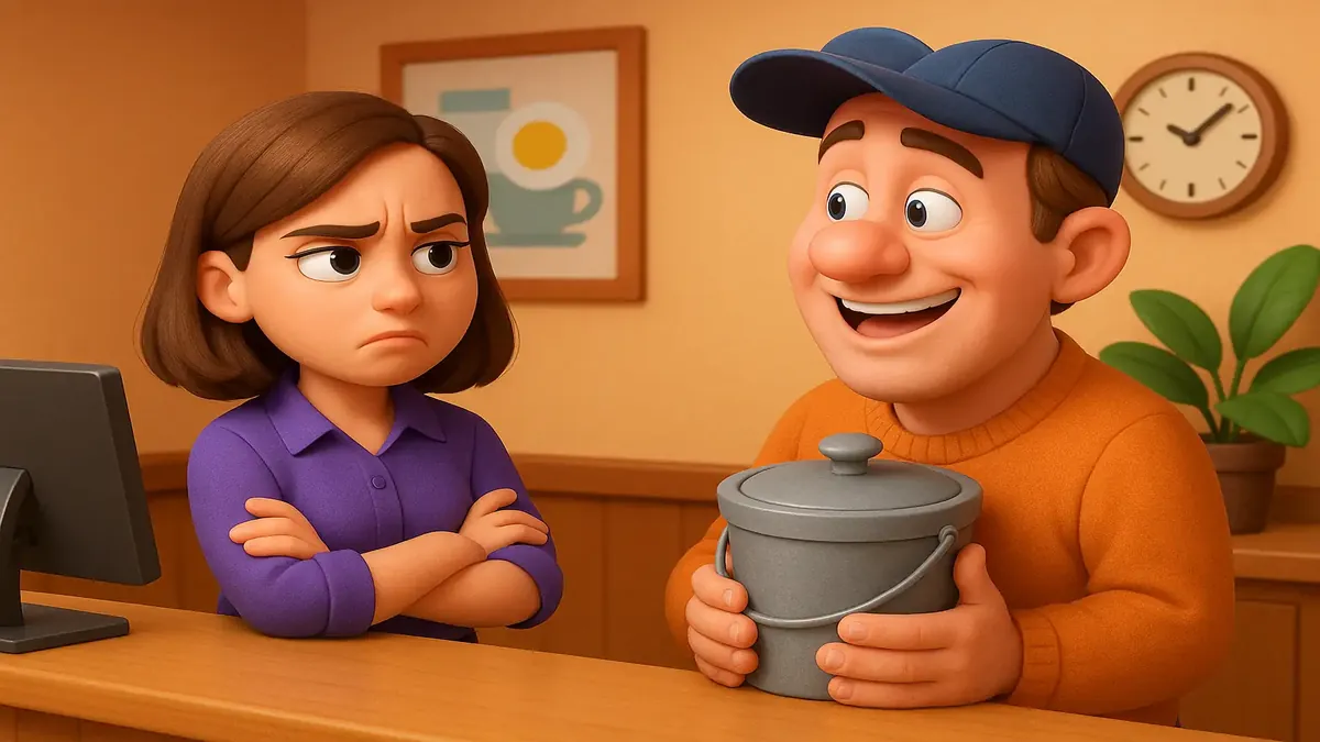 Cartoon illustration of a woman at a hotel desk, annoyed with a guest lingering and chatting after a question.