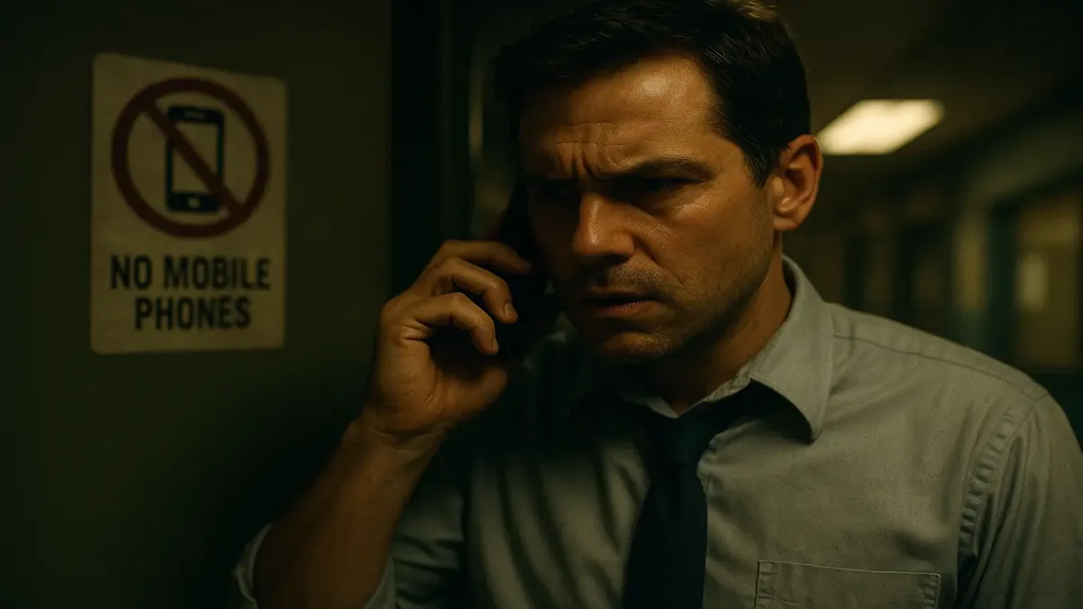 A cinematic image of a workplace with a 'No Phones Allowed' sign, emphasizing workplace rules and communication challenges.
