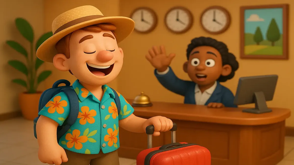 Night auditor cartoon character contemplating taking PTO at a hotel desk, illustrating work-life balance challenges.