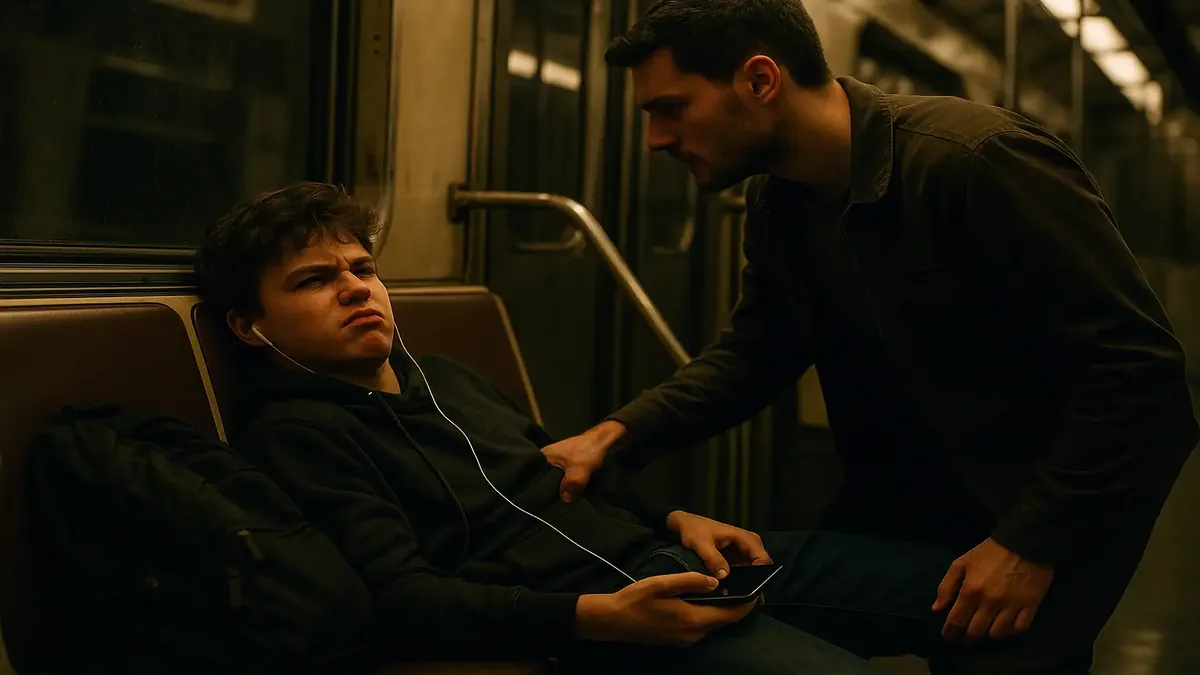 Teenager occupying multiple seats on a crowded metro, ignoring others while playing music loudly.